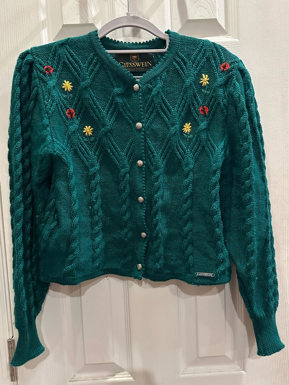 Vintage Giesswein Cable-Knit Cardigan with Floral Embroidery